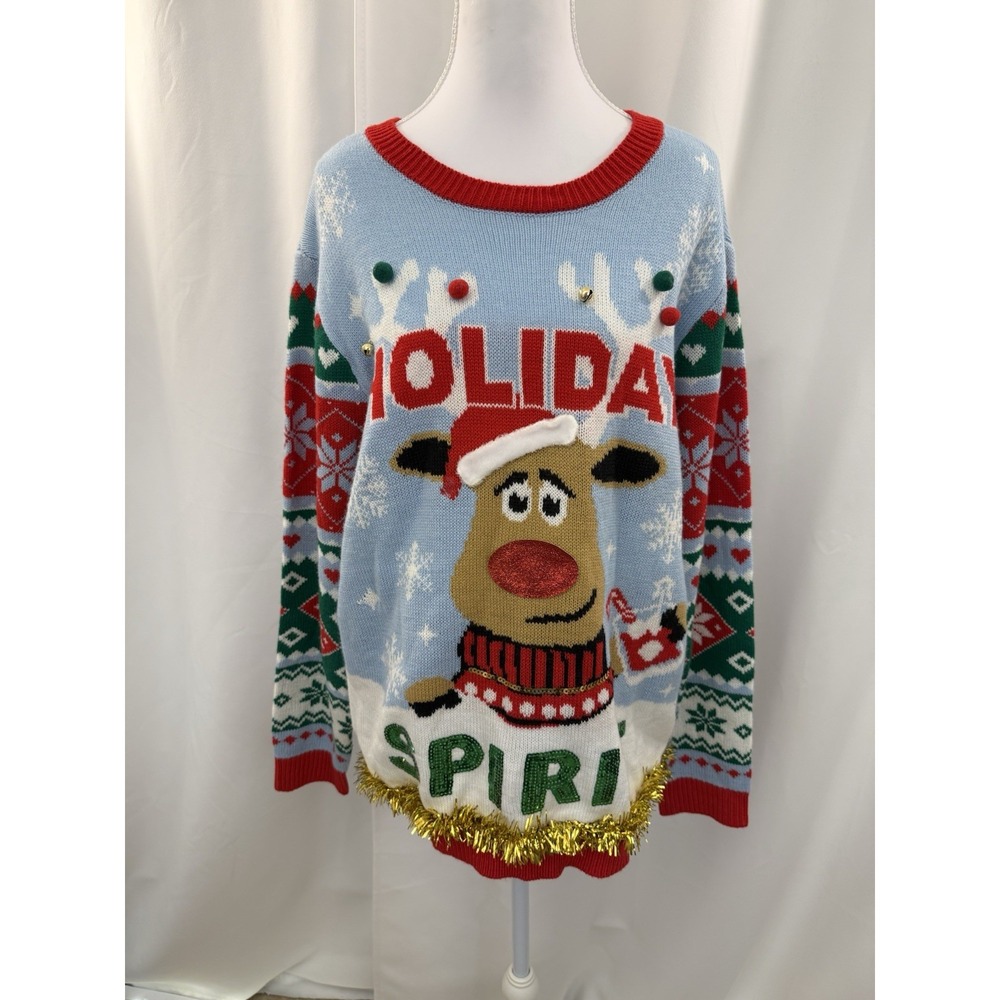 Ugly Christmas Sweater XL Light Blue Reindeer Garland Sequins "Holiday Spirit"